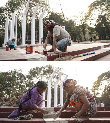 বরাবরের মত করেই ধোয়া-মোছা ও রঙ্গের আঁচড়ে সাজছে কেন্দ্রীয় শহীদ মিনার